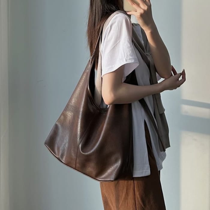 Faux Leather Tote Bag / Pouch / Set - & - Brown / One Size