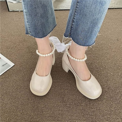 Faux Pearl Ankle-Strap Chunky-Heel Pumps - Off-White / 35