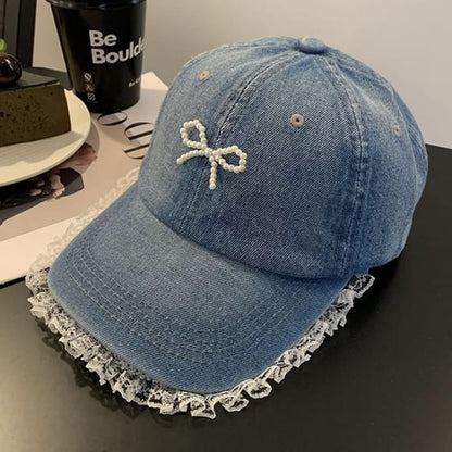 Faux Pearl Beaded Bow Ruffle Denim Baseball Cap - Blue