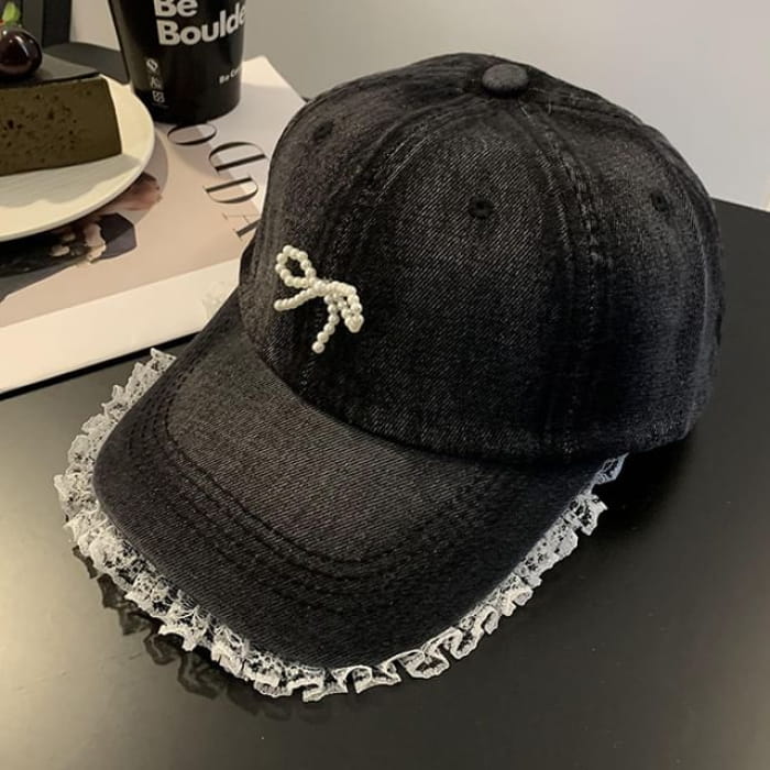 Faux Pearl Beaded Bow Ruffle Denim Baseball Cap - Charcoal