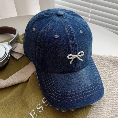 Faux Pearl Beaded Bow Ruffle Denim Baseball Cap - Dark Blue