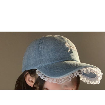 Faux Pearl Beaded Bow Ruffle Denim Baseball Cap - Hats