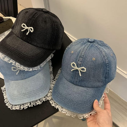 Faux Pearl Beaded Bow Ruffle Denim Baseball Cap - Hats