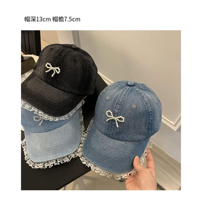 Faux Pearl Beaded Bow Ruffle Denim Baseball Cap - Hats