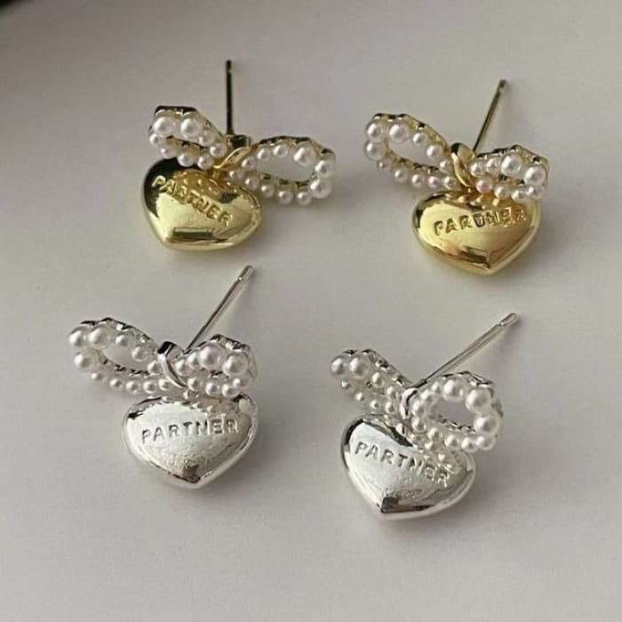 Faux Pearl Bow Heart Drop Earring