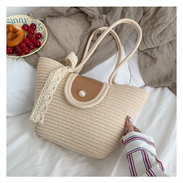 Faux Pearl Buttoned Woven Tote Bag