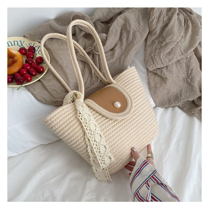 Faux Pearl Buttoned Woven Tote Bag