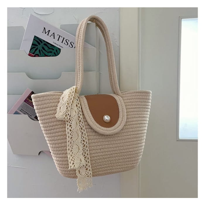 Faux Pearl Buttoned Woven Tote Bag