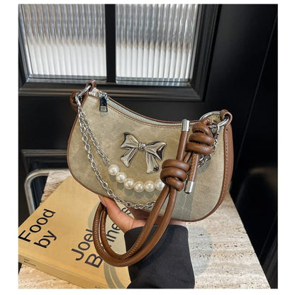 Faux Pearl Chained Bow Shoulder Bag