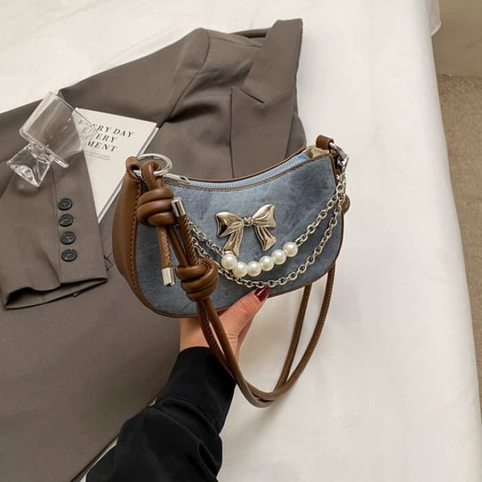 Faux Pearl Chained Bow Shoulder Bag - Denim Blue / One Size