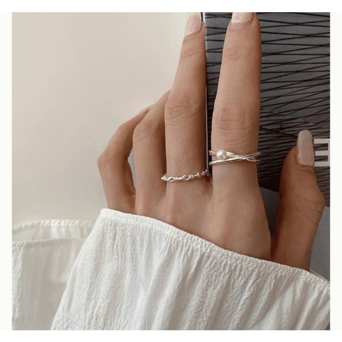 Faux Pearl Layered / Chain Sterling Silver Open Ring