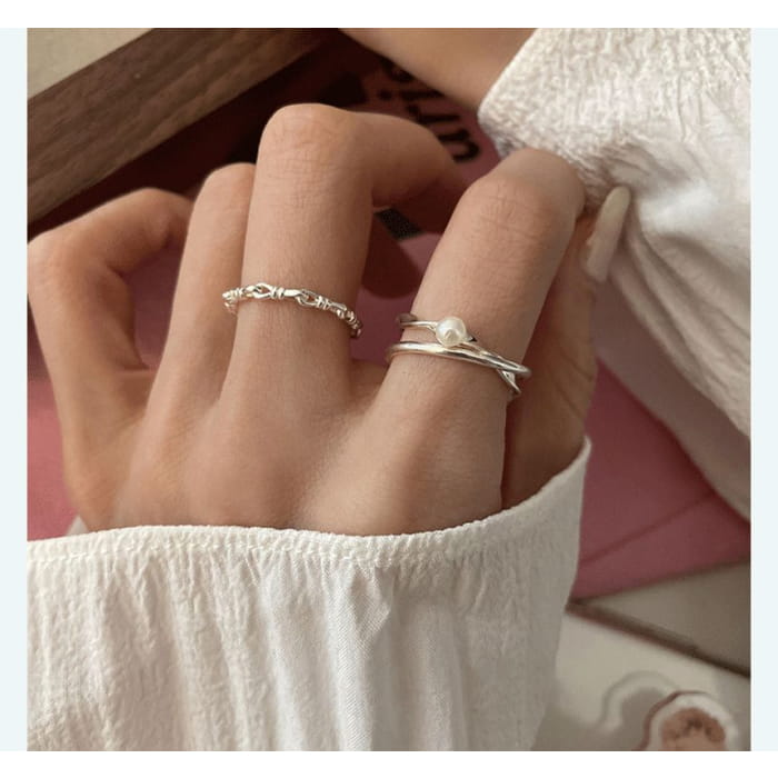 Faux Pearl Layered / Chain Sterling Silver Open Ring