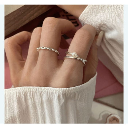 Faux Pearl Layered / Chain Sterling Silver Open Ring