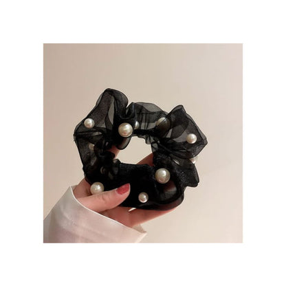 Faux Pearl Organza Scrunchie - 546 - Black / One Size