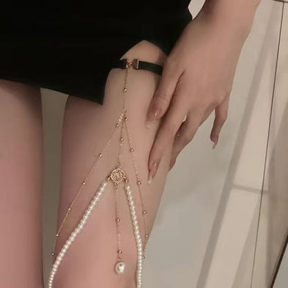 Faux Pearl / Rhinestone Layered Thigh Chain - & Bead - Gold