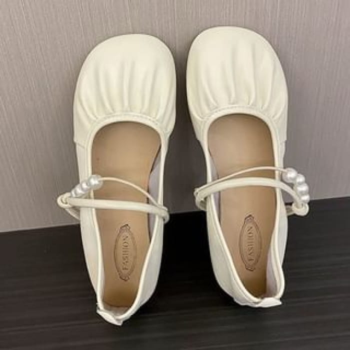 Faux Pearl Ruched Flats - Off-White / 35