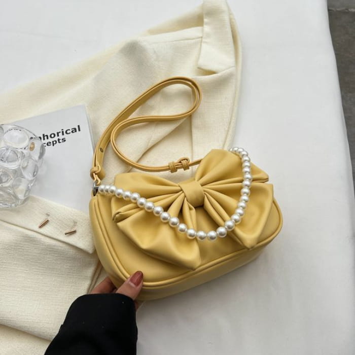 Faux Pearl Strap Bow Crossbody Bag - Yellow / One Size