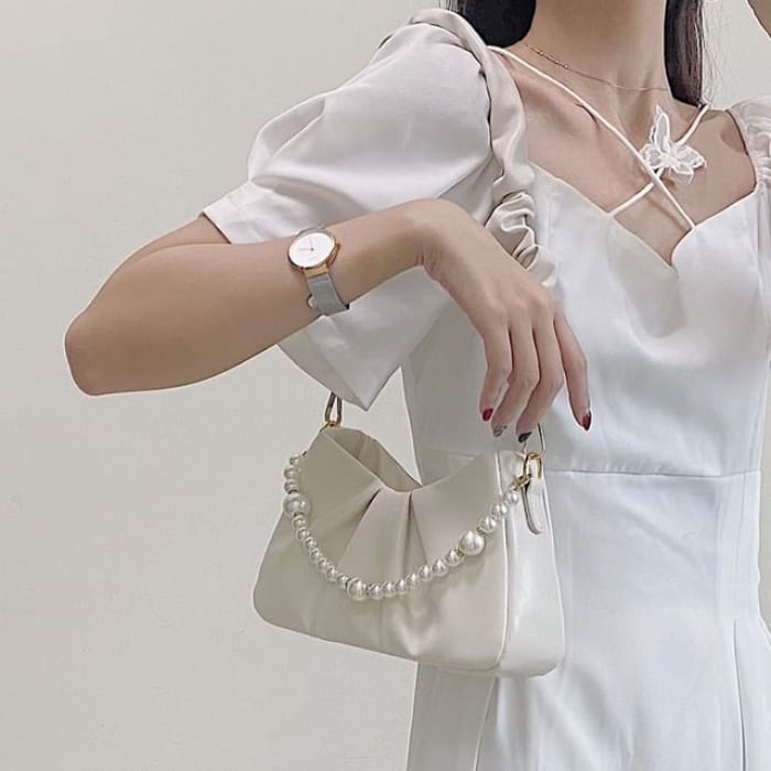 Faux Pearl Strap Shirred Shoulder Bag / Sash / Set