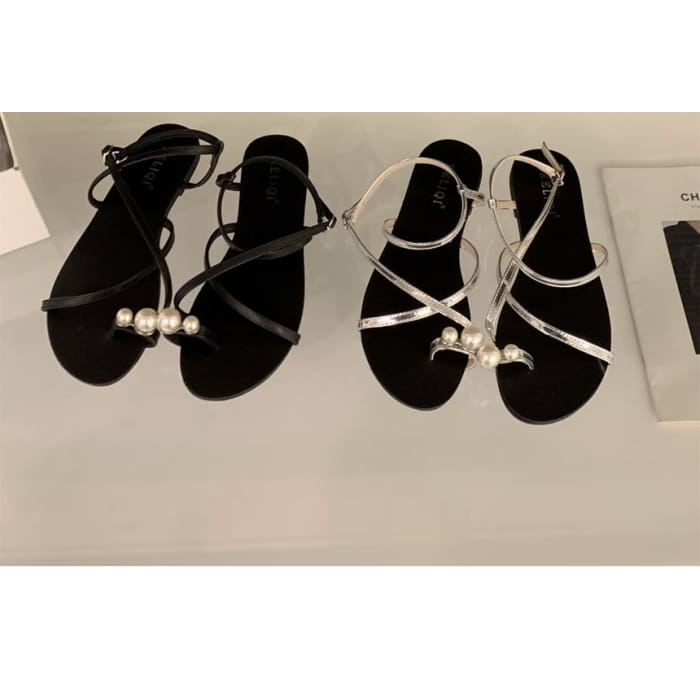 Faux Pearl Toe-Loop Sandals