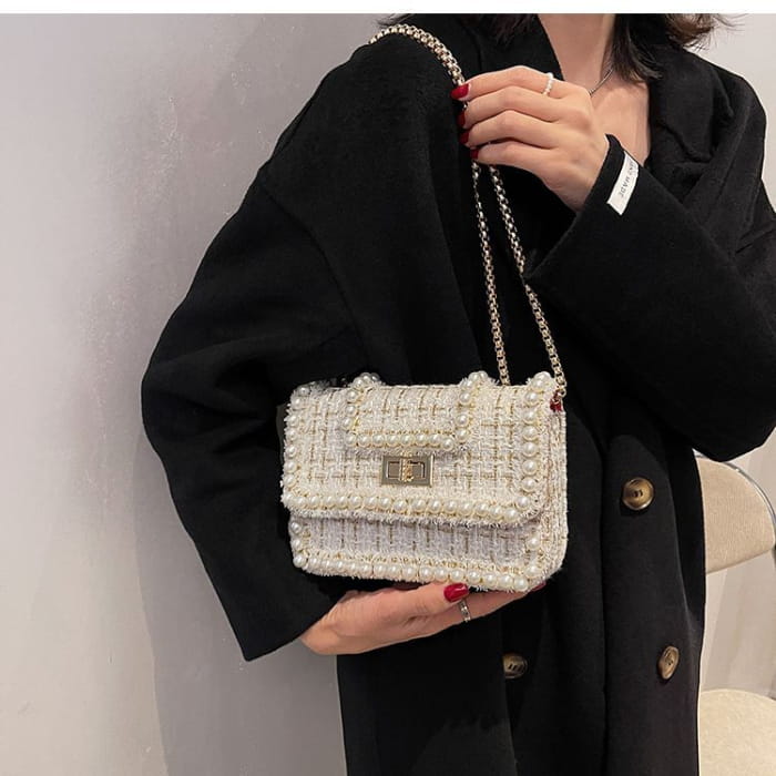 Faux Pearl Tweed Crossbody Bag