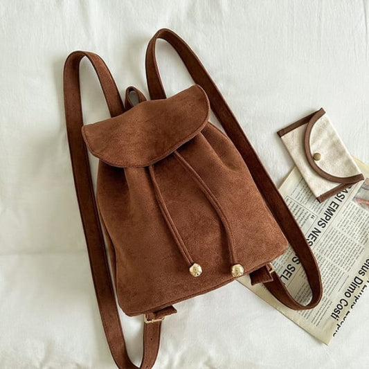 Faux Suede Drawstring Flap Backpack