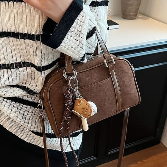 Faux Suede Top Handle Crossbody Bag / Baseball Charm / Set