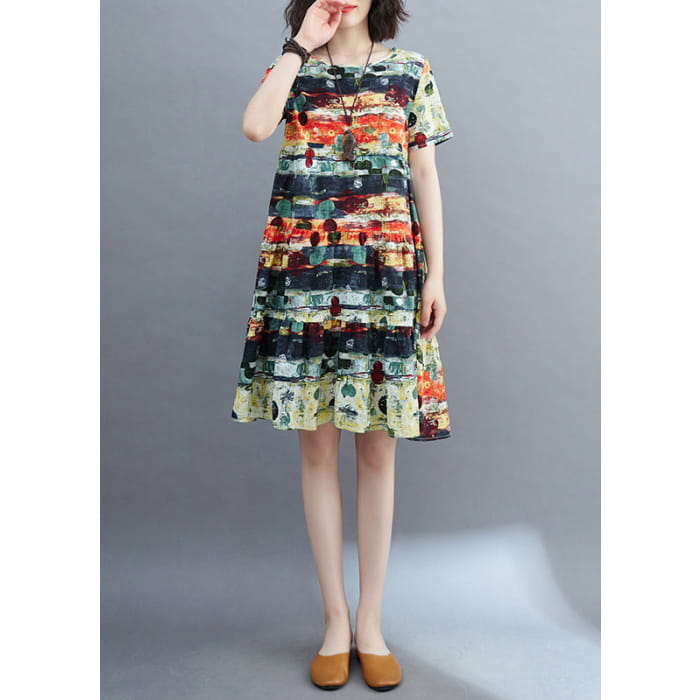 Fine Green O-Neck Print Ruffled Patchwork Mid Dress Summer