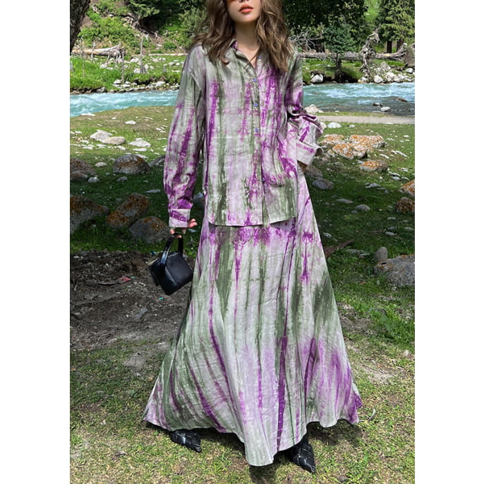 Fitted Purple Peter Pan Collar Tie Dye Shirts And Maxi