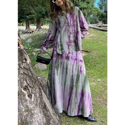 Fitted Purple Peter Pan Collar Tie Dye Shirts And Maxi