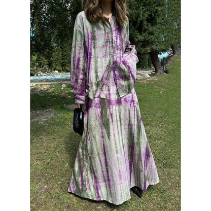 Fitted Purple Peter Pan Collar Tie Dye Shirts And Maxi