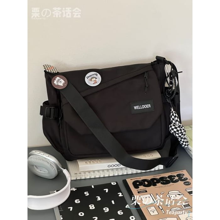 Flap Buckle Messenger Bag - With Checker Knot Charm - Black