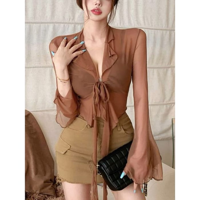 Flared-Sleeve Plain Lace-Up Cropped Blouse - DL026 - Brown