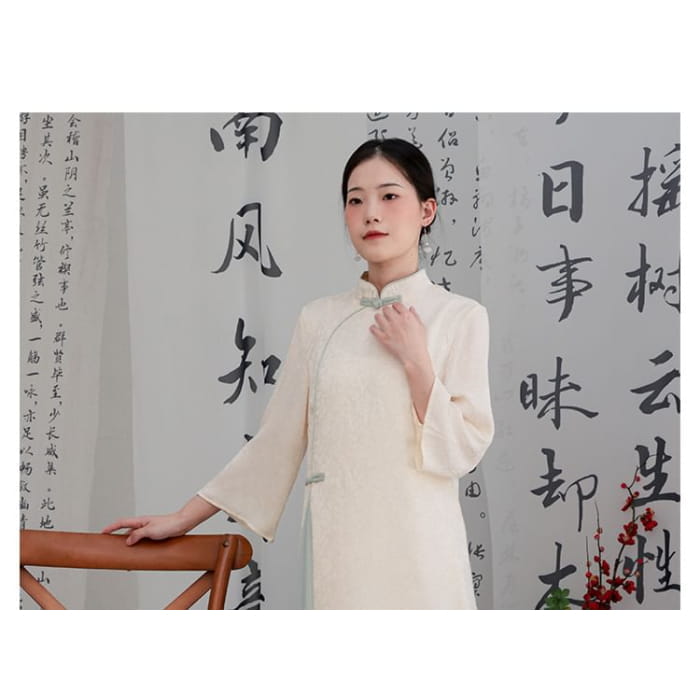 Flared-Sleeve Two Tone Maxi Hanfu Dress / Mid Rise Plain