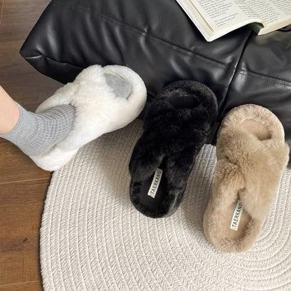 Fleece Cross Strap Slide Sandals