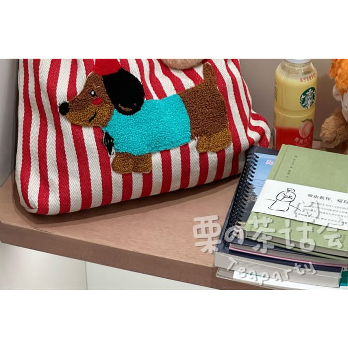 Fleece Dog Striped Canvas Tote Bag