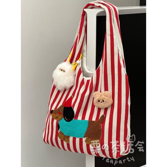 Fleece Dog Striped Canvas Tote Bag - With Ball Charm