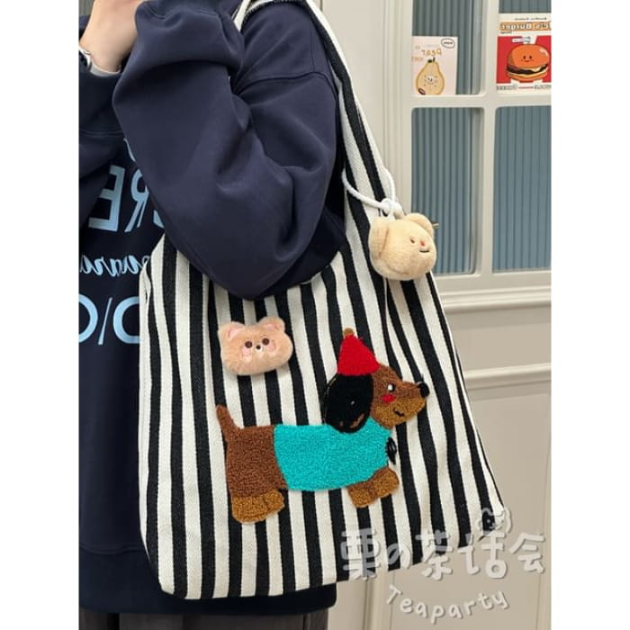 Fleece Dog Striped Canvas Tote Bag - With Bear Charm