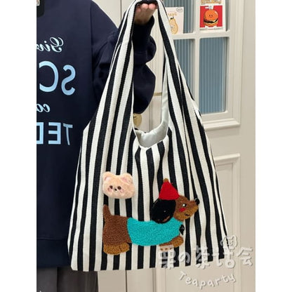 Fleece Dog Striped Canvas Tote Bag - Without Charm - Stripe