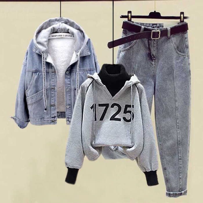 Fleece Hooded Denim Coat Number Print Plush Hoodie Pants