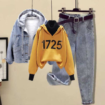 Fleece Hooded Denim Coat Number Print Plush Hoodie Pants