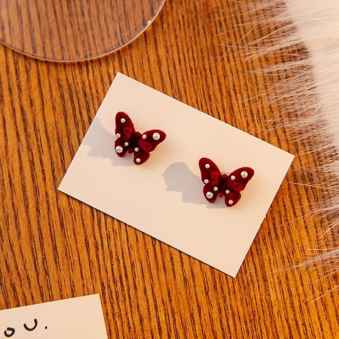 Flocking Bow / Butterfly Stud Earring - E4059-1 - 1 Pair