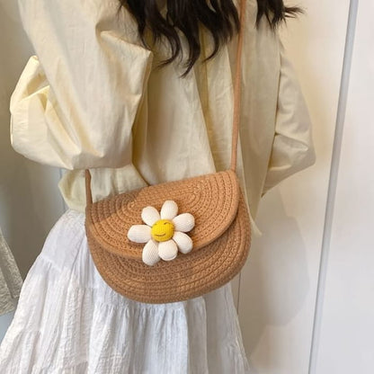 Floral Accent Woven Saddle Crossbody Bag