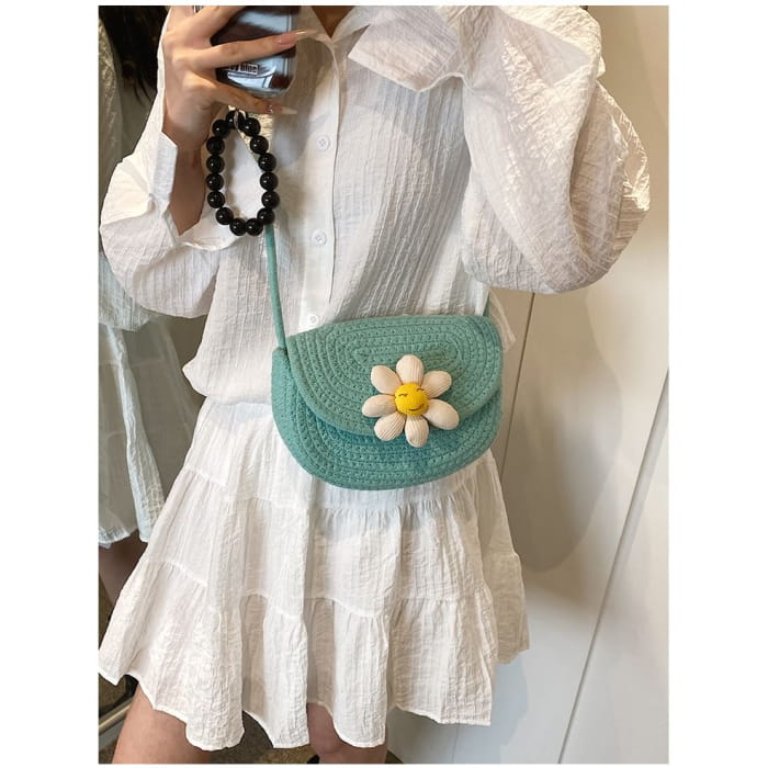 Floral Accent Woven Saddle Crossbody Bag