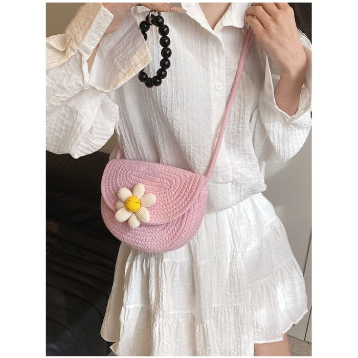 Floral Accent Woven Saddle Crossbody Bag