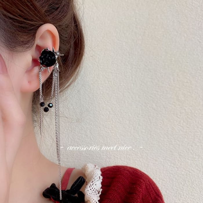 Floral Alloy Ear Cuff - 1 Pair - Black Large Rose - Silver