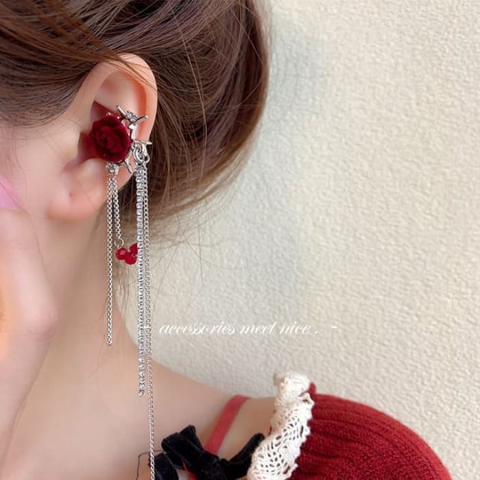 Floral Alloy Ear Cuff - 1 Pair - Wine Red Large Rose