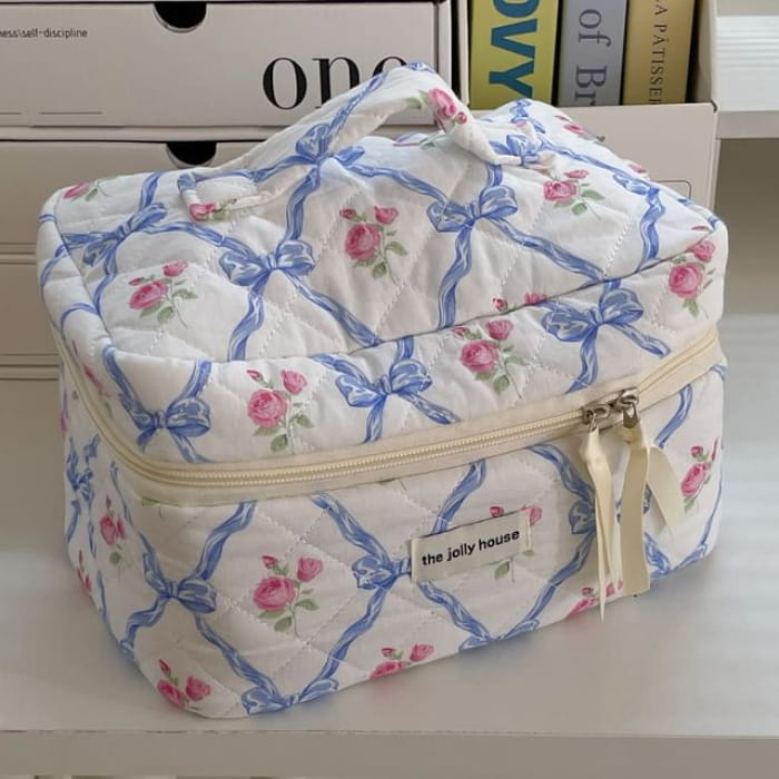 Floral Bow Fabric Makeup Bag / Clutch / Pouch - Blue