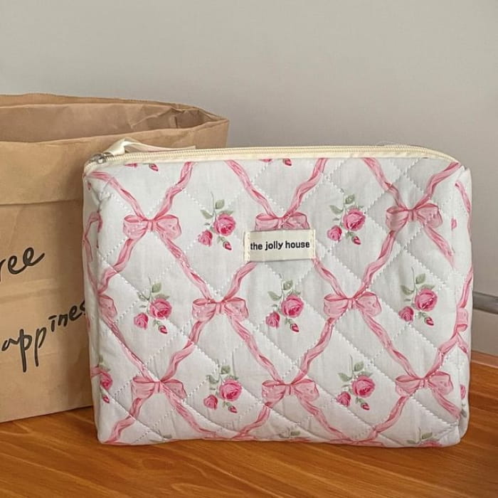 Floral Bow Fabric Makeup Bag / Clutch / Pouch - Pink