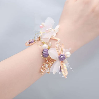 Floral Butterfly Faux Pearl Wrist Corsage - Purple Flower