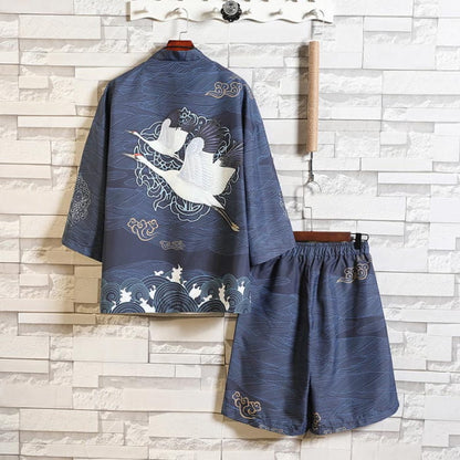 Floral Crane Sun Cardigan Kimono Outerwear Shorts Set - C